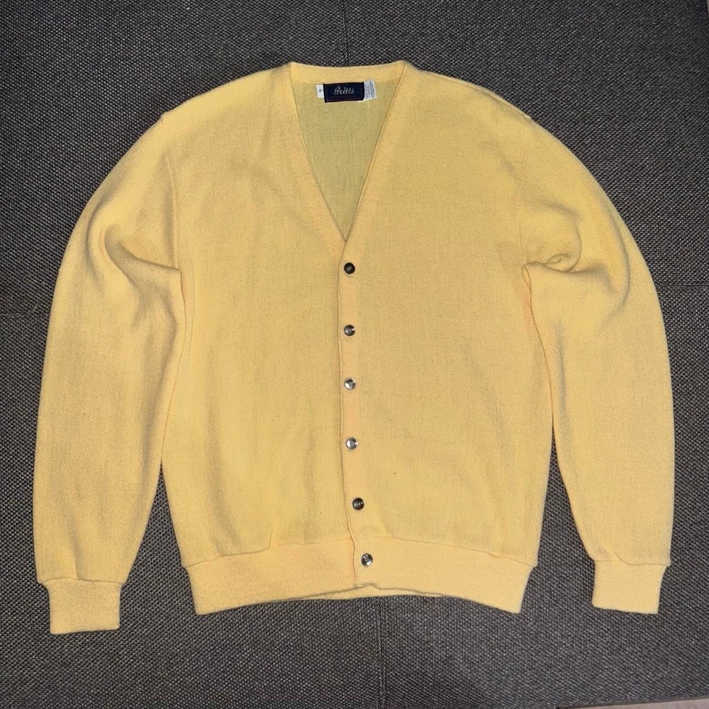 Vintage 60s Yellow Button Up Cardigan Sweater Mens Size Large Preppy Casual